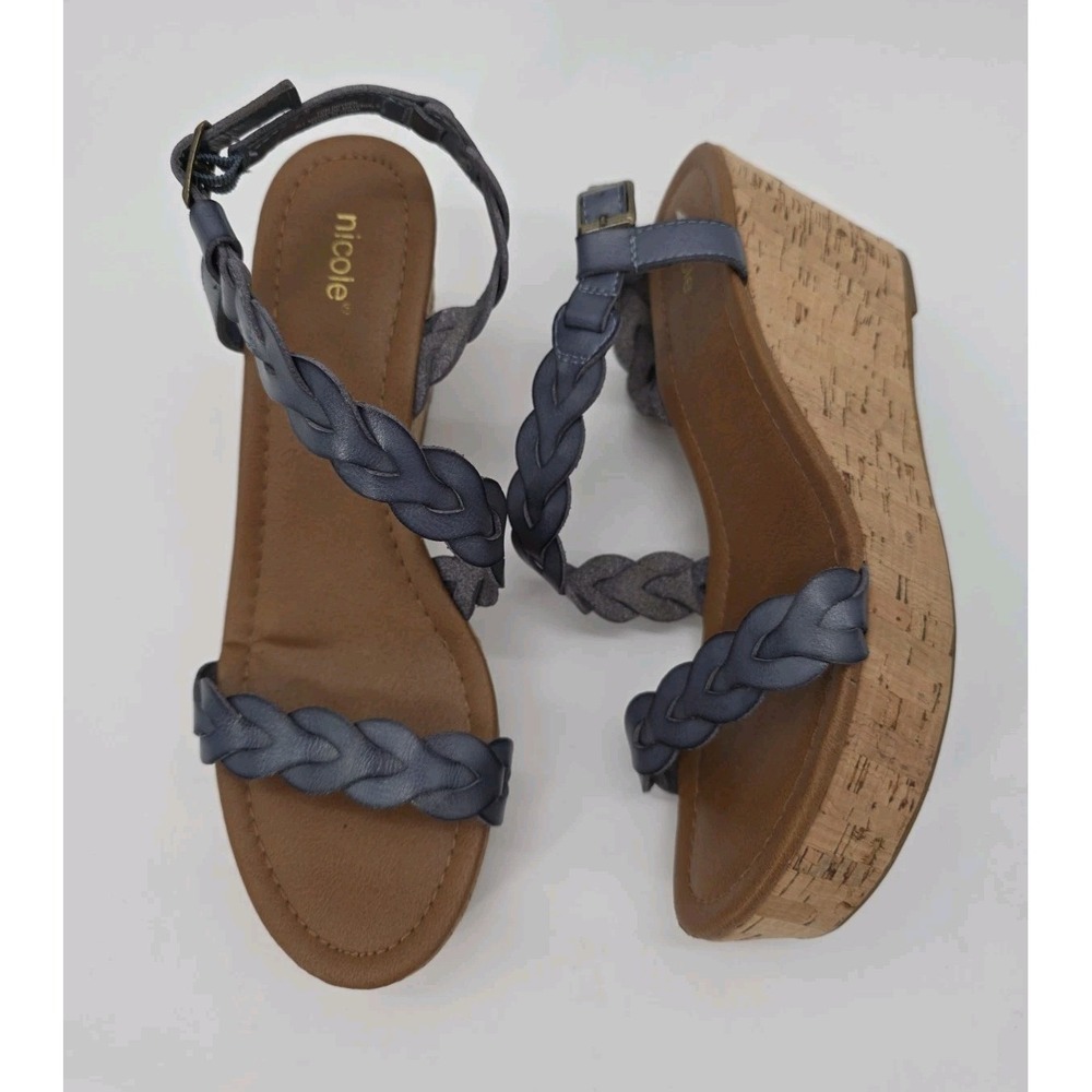 Nicole Women's Blue Braided Cork Wedge Sandals Ankle Strap Size 10